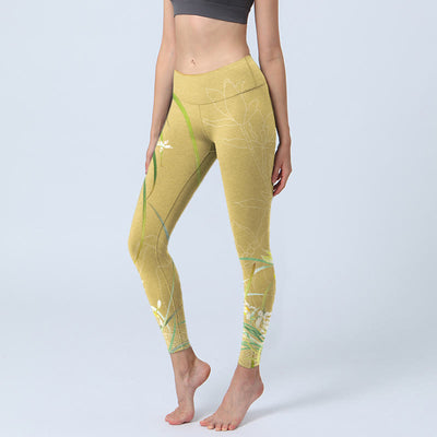 Buddha Stones Yellow Orchid Flowers Weeping Leaves Print Gym Leggings Women's Yoga Pants - Khaki - US18，UK/AU22，EU50 (4XL) - image 1