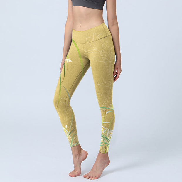 Buddha Stones Yellow Orchid Flowers Weeping Leaves Print Gym Leggings Women's Yoga Pants - Khaki - US18，UK/AU22，EU50 (4XL) - image 1
