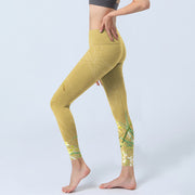 Buddha Stones Yellow Orchid Flowers Weeping Leaves Print Gym Leggings Women's Yoga Pants