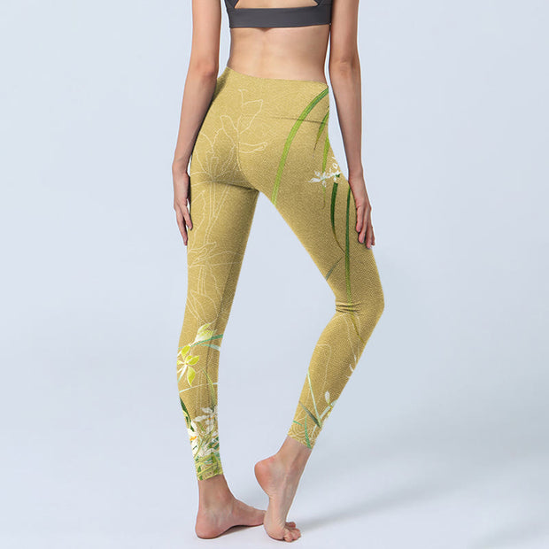 Buddha Stones Yellow Orchid Flowers Weeping Leaves Print Gym Leggings Women's Yoga Pants - image 5