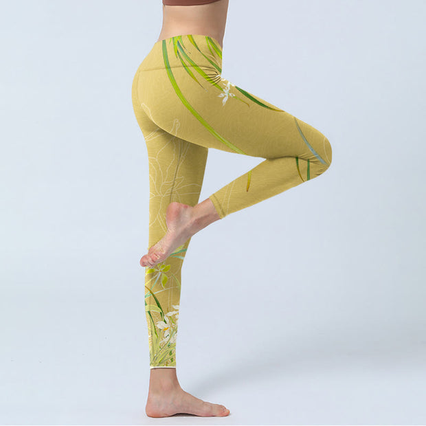 Buddha Stones Yellow Orchid Flowers Weeping Leaves Print Gym Leggings Women's Yoga Pants - image 4