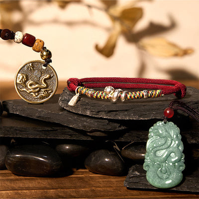 Buddha Stones Lucky Prosperity The Year of The Snake 2025 Green Jade Red String Protection Bundle