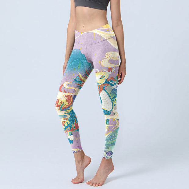 Buddha Stones Purple Dragon Auspicious Clouds Print Gym Leggings Women's Yoga Pants - Plum - US18，UK/AU22，EU50 (4XL) - image 1