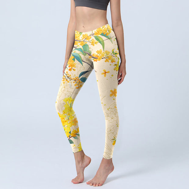 Buddha Stones Yellow Osmanthus Fragrans Rapeseed Print Gym Leggings Women's Yoga Pants - LemonChiffon - US18，UK/AU22，EU50 (4XL) - image 1