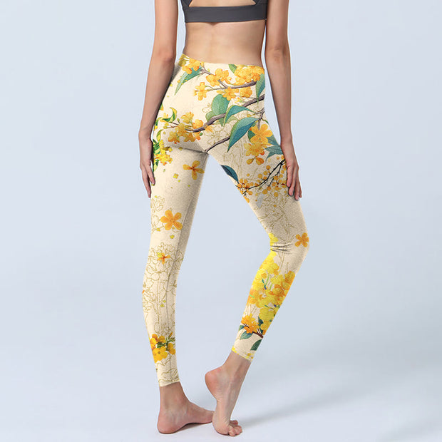 Buddha Stones Yellow Osmanthus Fragrans Rapeseed Print Gym Leggings Women's Yoga Pants - image 5