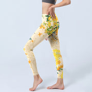 Buddha Stones Yellow Osmanthus Fragrans Rapeseed Print Gym Leggings Women's Yoga Pants