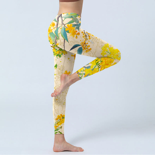Buddha Stones Yellow Osmanthus Fragrans Rapeseed Print Gym Leggings Women's Yoga Pants - image 4