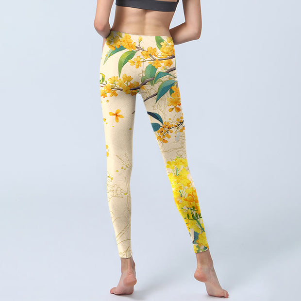Buddha Stones Yellow Osmanthus Fragrans Rapeseed Print Gym Leggings Women's Yoga Pants - image 7