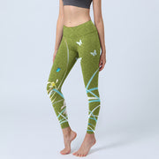 Buddha Stones Green Butterfly Orchid Flowers Print Gym Leggings Women's Yoga Pants - OliveDrab - US18，UK/AU22，EU50 (4XL) - image 1