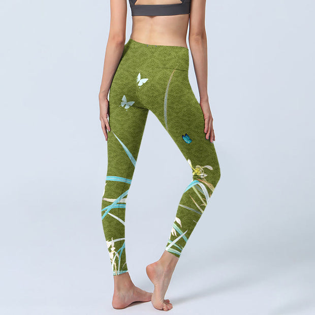 Buddha Stones Green Butterfly Orchid Flowers Print Gym Leggings Women's Yoga Pants - image 5