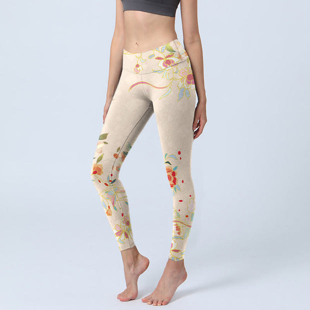 Buddha Stones Apricot Butterfly Peony Flowers Leaves Print Gym Leggings Women's Yoga Pants