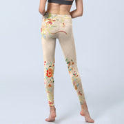 Buddha Stones Apricot Butterfly Peony Flowers Leaves Print Gym Leggings Women's Yoga Pants