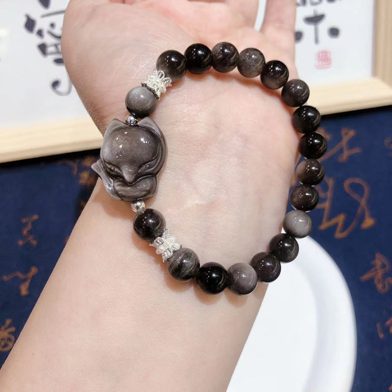 Buddha Stones Natural Silver Sheen Obsidian Nine Tailed Fox