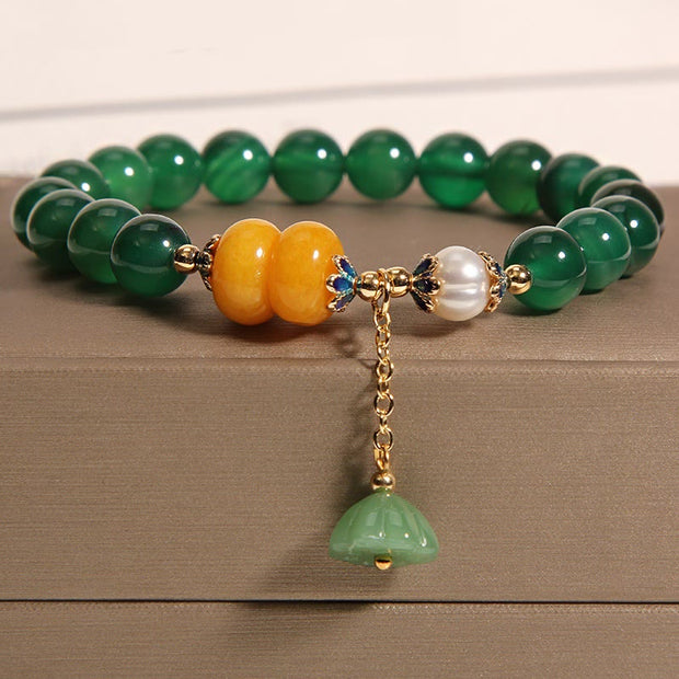 Buddha Stones Green Agate Amber Pearl Lotus Pod Support Bracelet Bracelet BS Green Agate(Wrist Circumference 14-17cm)