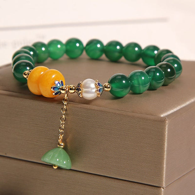 Buddha Stones Green Agate Amber Pearl Lotus Pod Support Bracelet Bracelet BS 2