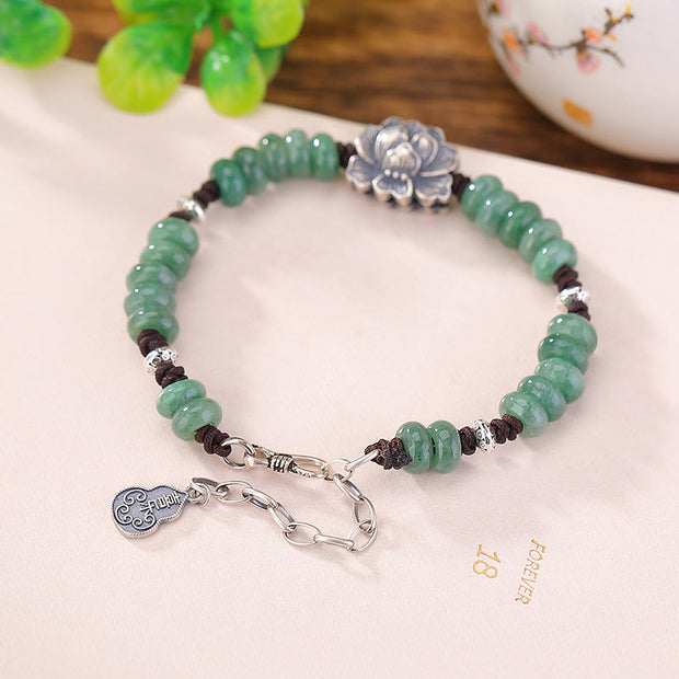 Buddha Stones 925 Sterling Silver Natural Jade Lotus Luck Peace And Joy Bracelet Bracelet BS 3