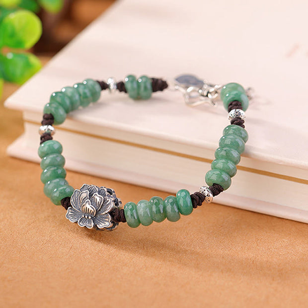 Buddha Stones 925 Sterling Silver Natural Jade Lotus Luck Peace And Joy Bracelet Bracelet BS 2