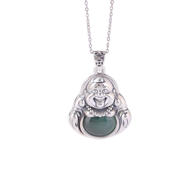 Buddha Stones 999 Sterling Silver Laughing Buddha Cyan Jade Lotus Success Necklace Chain Pendant Necklaces & Pendants BS 6