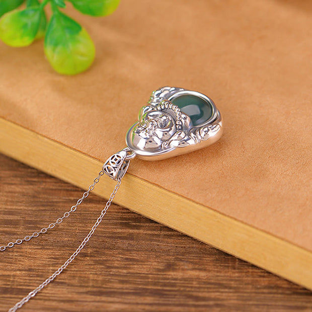 Buddha Stones 999 Sterling Silver Laughing Buddha Cyan Jade Lotus Success Necklace Chain Pendant Necklaces & Pendants BS 2