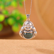 Buddha Stones 999 Sterling Silver Laughing Buddha Cyan Jade Lotus Success Necklace Chain Pendant Necklaces & Pendants BS 1