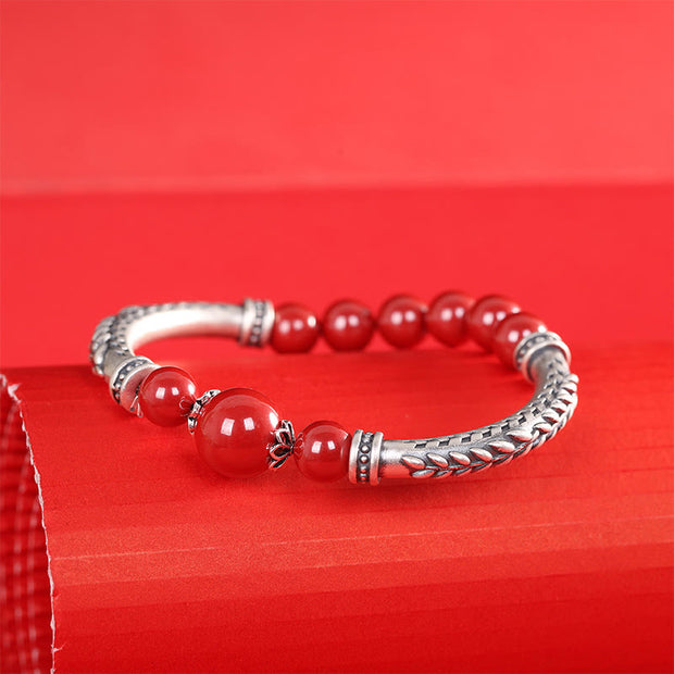 Buddha Stones 999 Sterling Silver Cinnabar Wheat Ears Blessing Bracelet Bangle