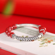 Buddha Stones 999 Sterling Silver Cinnabar Wheat Ears Blessing Bracelet Bangle