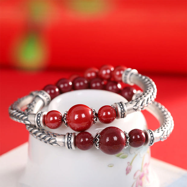 Buddha Stones 999 Sterling Silver Cinnabar Wheat Ears Blessing Bracelet Bangle Bracelet Bangle BS 1