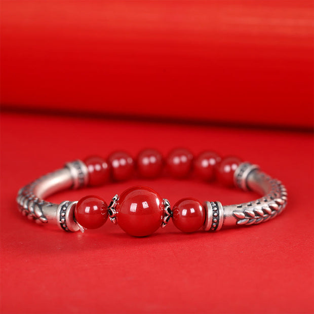 Buddha Stones 999 Sterling Silver Cinnabar Wheat Ears Blessing Bracelet Bangle