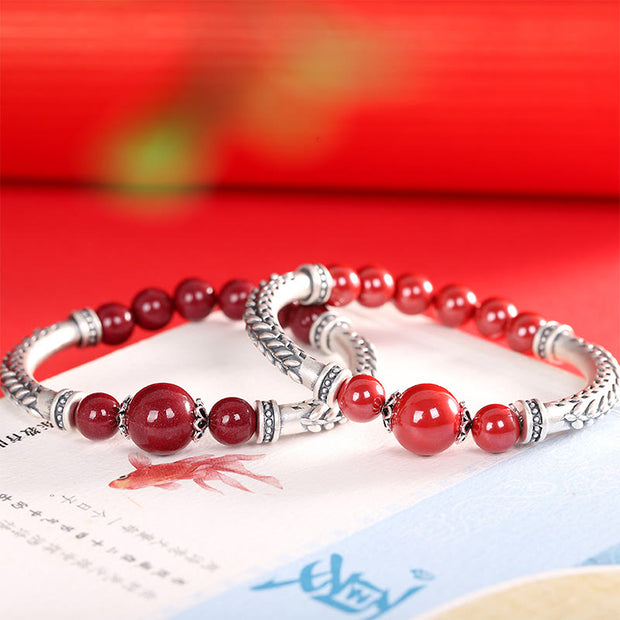 Buddha Stones 999 Sterling Silver Cinnabar Wheat Ears Blessing Bracelet Bangle Bracelet Bangle BS 14