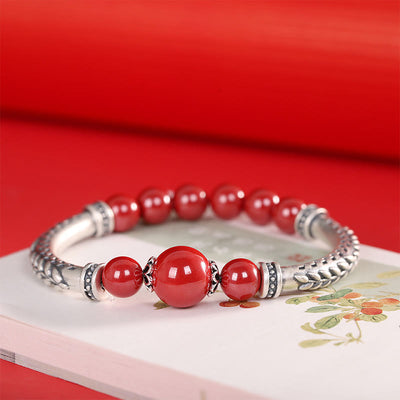 Buddha Stones 999 Sterling Silver Cinnabar Wheat Ears Blessing Bracelet Bangle Bracelet Bangle BS Red Cinnabar(Wrist Circumference: 14-16cm)