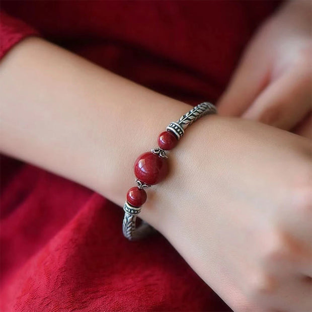 Buddha Stones 999 Sterling Silver Cinnabar Wheat Ears Blessing Bracelet Bangle