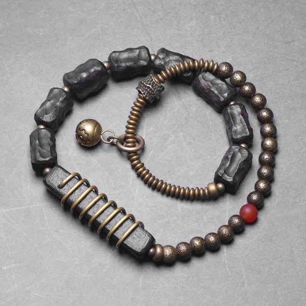 Buddha Stones Ebony Wood Copper Brass Red Agate Peace Double Wrap Bracelet Bracelet BS Ebony Wood Brass Red Agate 17-17.5cm