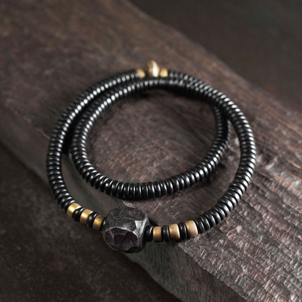 Buddha Stones Ebony Wood Copper Brass Peace Double Wrap Bracelet Bracelet BS Ebony Wood Brass(Wrist Circumference: 17-17.5cm)