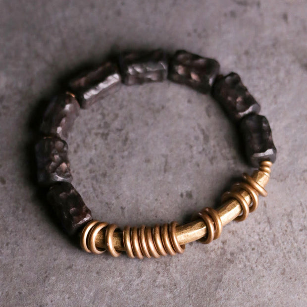 Buddha Stones Ebony Wood Copper Brass Circular Ring Peace Bracelet Bracelet BS Ebony Wood Brass(Wrist Circumference: 17-17.5cm)