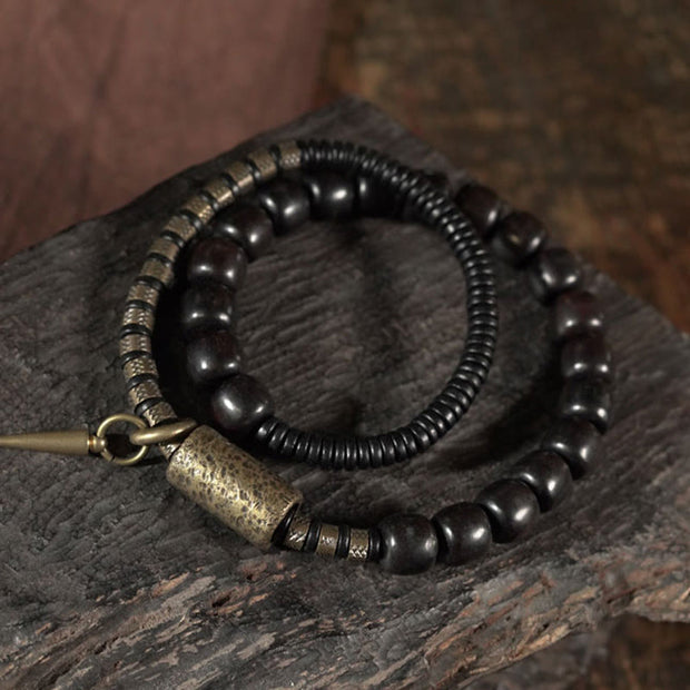 Buddha Stones Ebony Wood Copper Brass Vintage Bead Cone Double Wrap Balance Bracelet