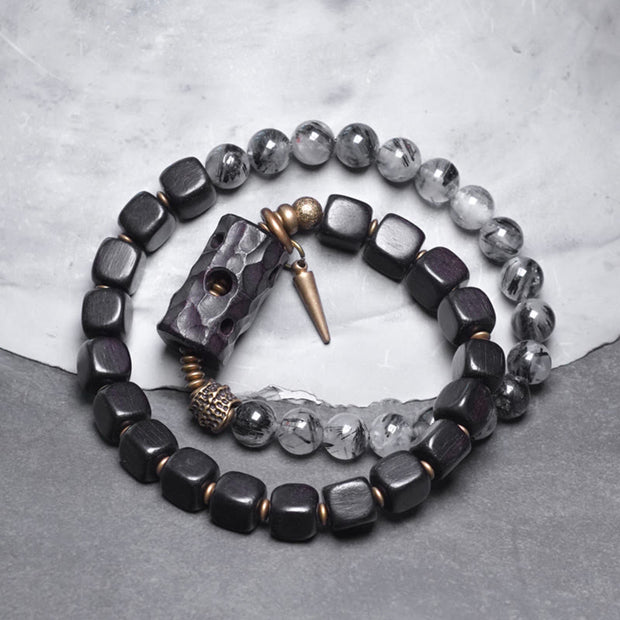 Buddha Stones Ebony Wood Black Rutilated Quartz Copper Brass Double Wrap Balance Bracelet (Extra 30% Off | USE CODE: FS30) - Ebony Wood Black Rutilated Quartz Brass(Wrist Circumference: 17-17.5cm) - image 0
