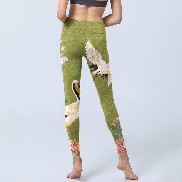 Buddha Stones Hibiscus Birds Bamboo Print Gym Leggings Women's Yoga Pants - image 7