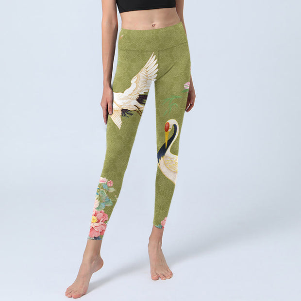 Buddha Stones Hibiscus Birds Bamboo Print Gym Leggings Women's Yoga Pants - image 6