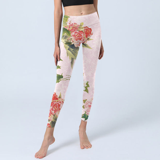Buddha Stones Hibiscus Flowers And Leaves Print Gym Leggings Women's Yoga Pants - image 6
