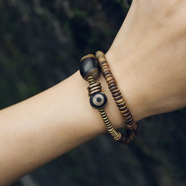 Buddha Stones Ebony Wood Green Sandalwood Copper Brass Dzi Bead Black Onyx Calm Double Wrap Bracelet