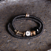 Buddha Stones Ebony Wood Green Sandalwood Copper Brass Dzi Bead Black Onyx Calm Double Wrap Bracelet