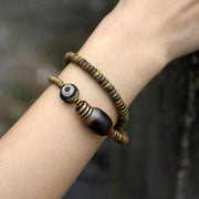 Buddha Stones Ebony Wood Green Sandalwood Copper Brass Dzi Bead Black Onyx Calm Double Wrap Bracelet