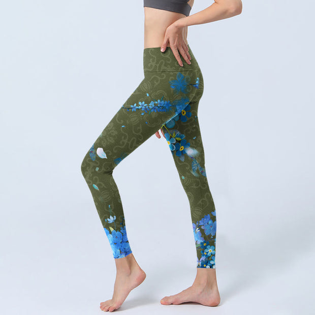Buddha Stones Blue Flowers Butterflies Print Gym Leggings Women's Yoga Pants - image 3