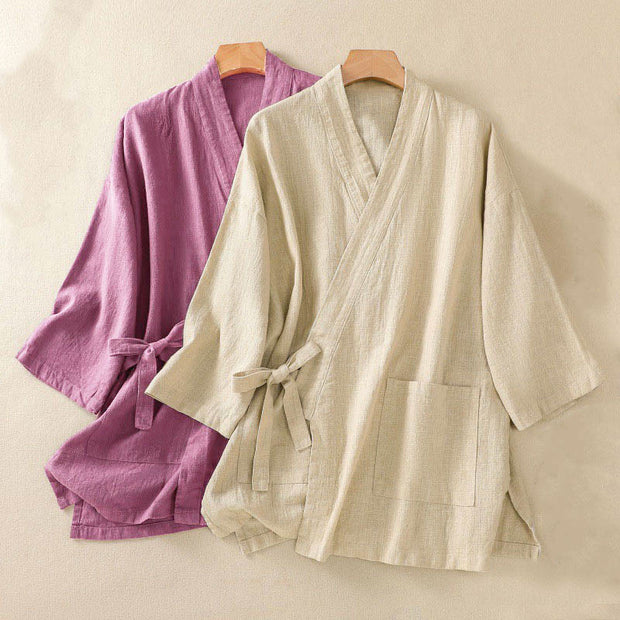 Buddha Stones Solid Color Cardigan Long Sleeve Cotton Linen Women's Shirts