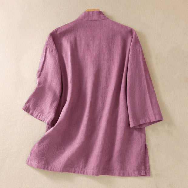 Buddha Stones Solid Color Cardigan Long Sleeve Cotton Linen Women's Shirts