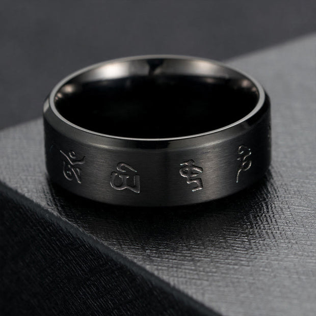 Buddha Stones Black Jambhala Mantra Titanium Steel Balance Ring Ring BS 1