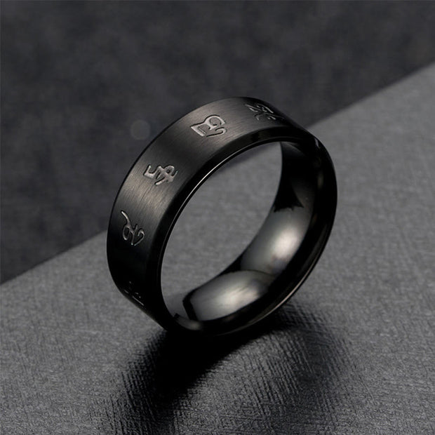 Buddha Stones Black Jambhala Mantra Titanium Steel Balance Ring Ring BS 3