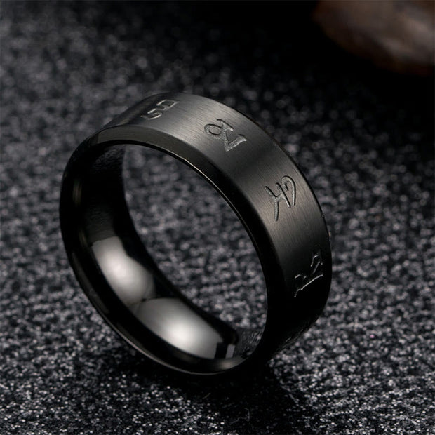 Buddha Stones Black Jambhala Mantra Titanium Steel Balance Ring Ring BS 2