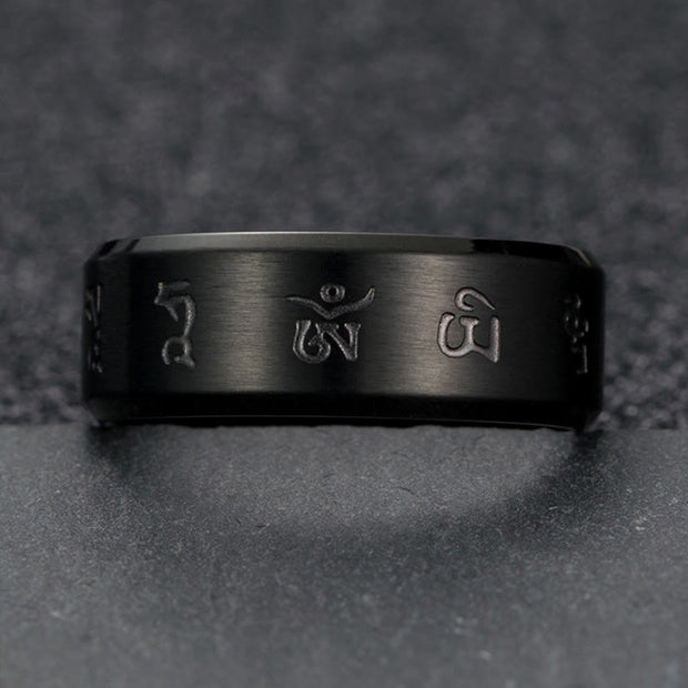 Buddha Stones Black Jambhala Mantra Titanium Steel Balance Ring Ring BS 8