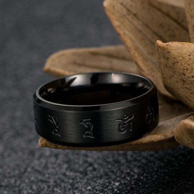 Buddha Stones Black Jambhala Mantra Titanium Steel Balance Ring Ring BS 4